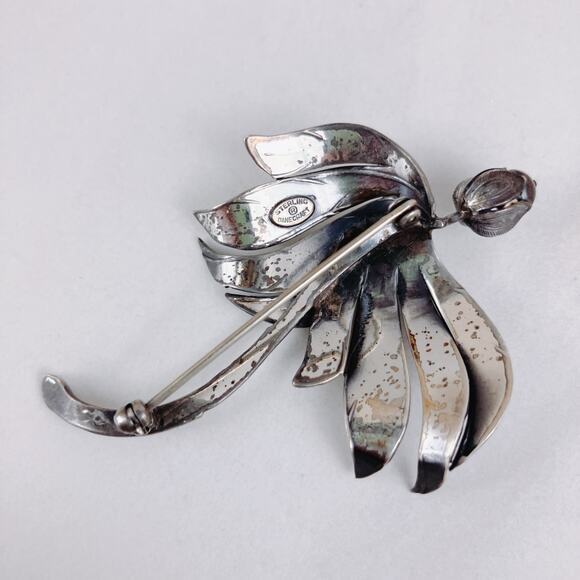 VTG Signed Danecraft Sterling Silver Floral Brooch Mid Century 1940s-1960s - Picture 7 of 8